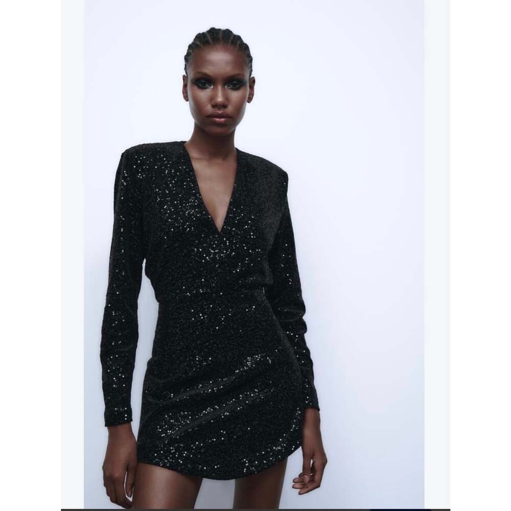 NWT Zara Black Sequin Mini Dress M Padded Shoulder Long Sleeve Party Cocktail